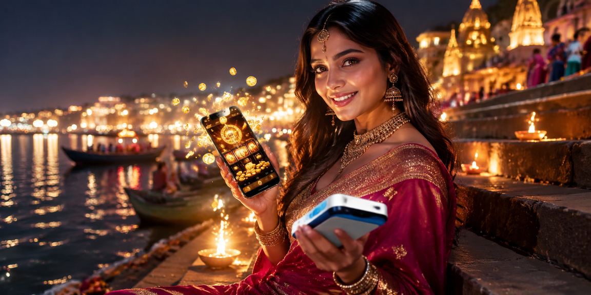 Peaceful view of Varanasi ghat with mobile payment concept